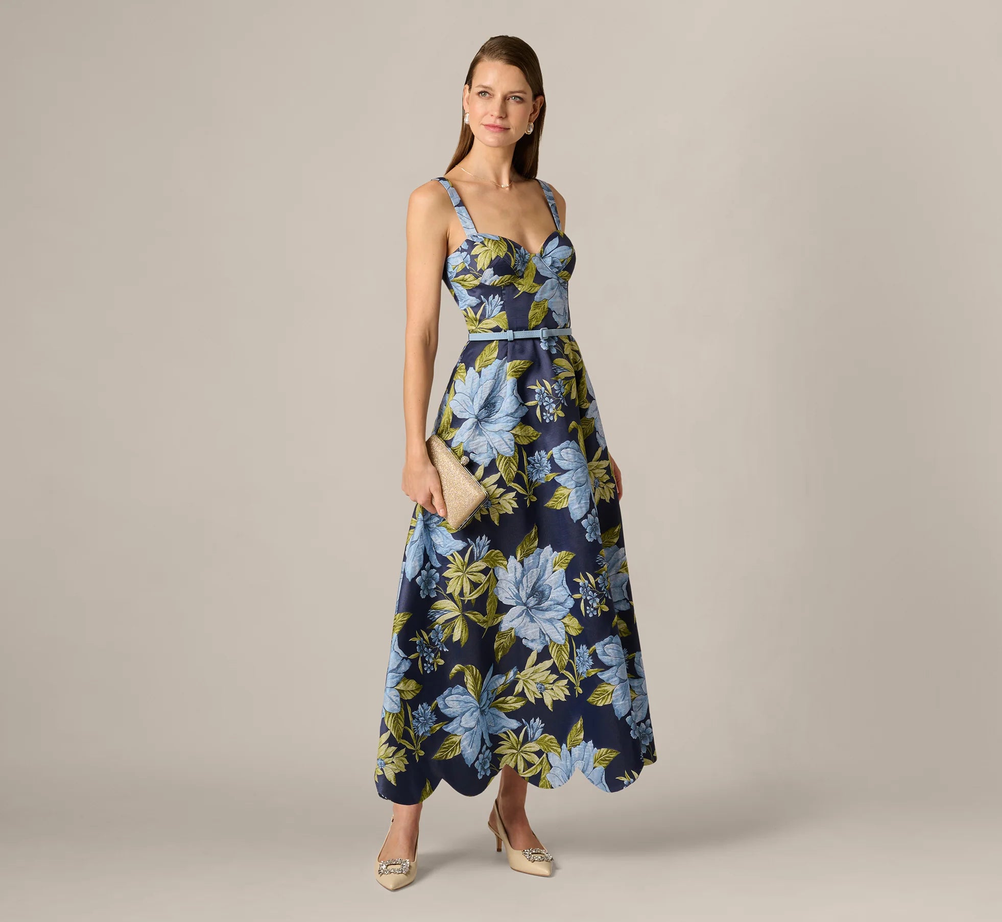 Floral Jacquard Sweetheart Scalloped Ankle Dress In Blue Multi