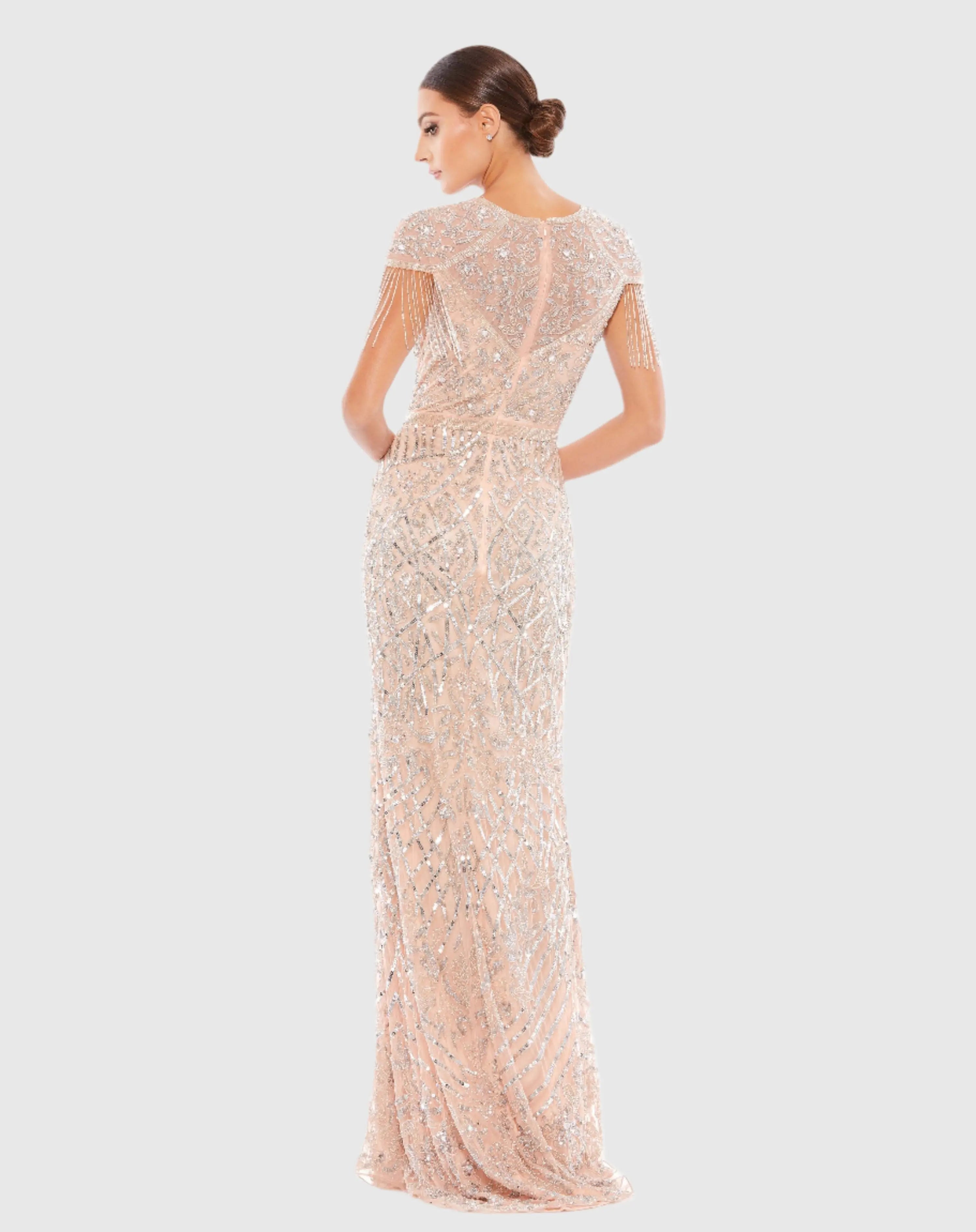 Pink Embellished Fringe Cap Sleeve Trumpet Gown