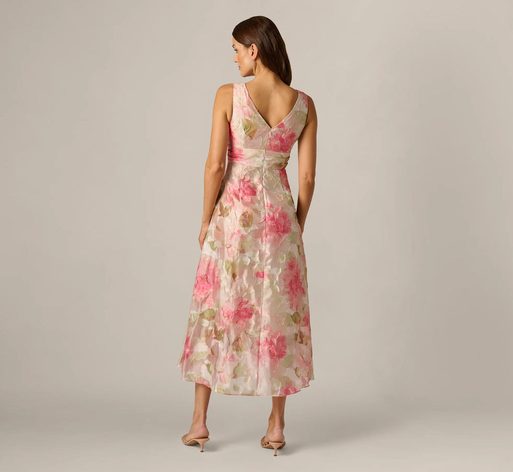Floral Organza Cascade High Low Midi Dress In Sage Multi