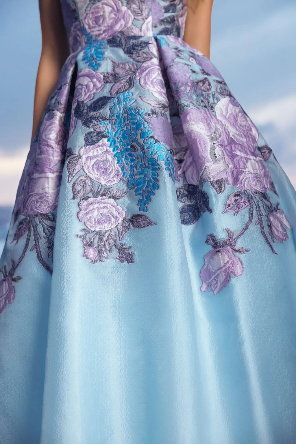 Blue Floral Embroidered Strapless Organza Midi Dress