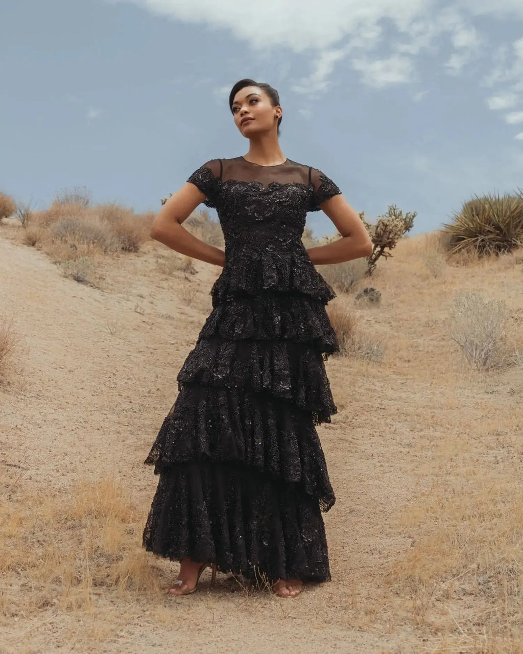 Black Embellished High Neck Gown With Tiered Ruffle Skirt