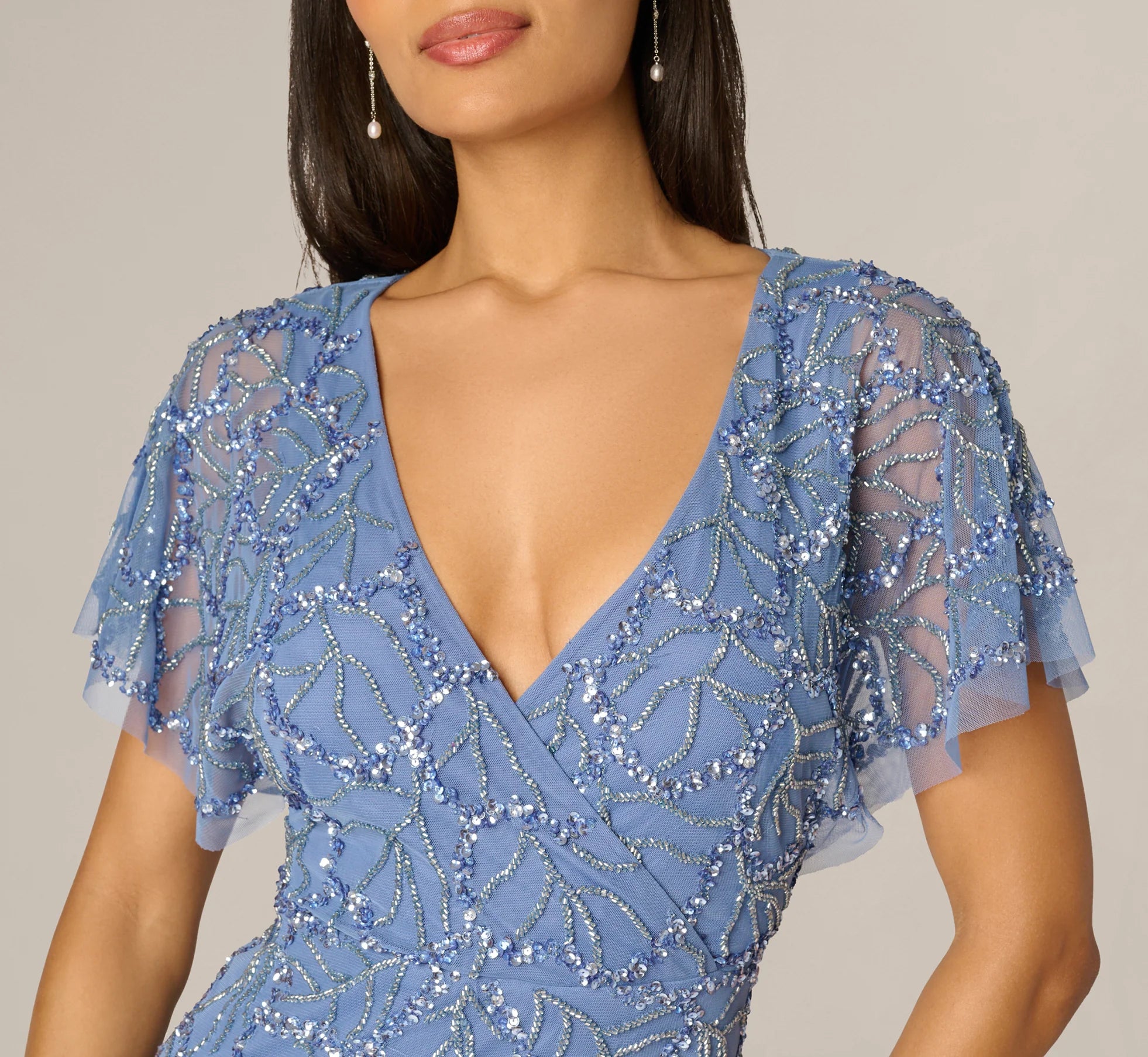 Flutter Sleeve Surplice Beaded Gown In French Blue