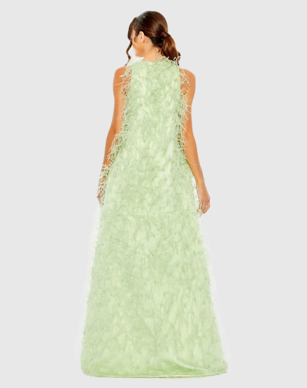 Green Sleeveless Feather Embellished High Low Gown