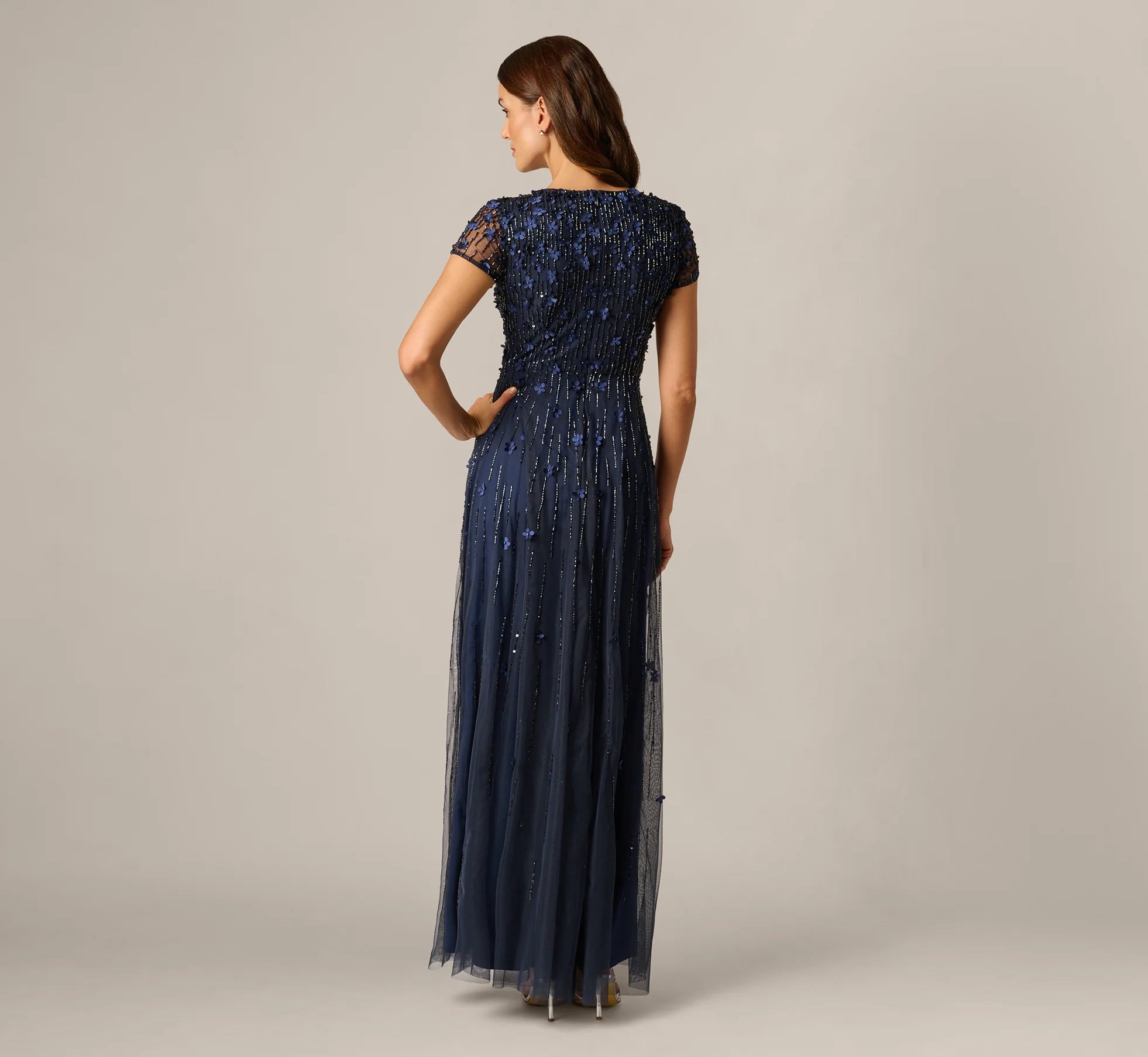 Short Sleeve Linear 3D Floral Beaded Gown In Navy