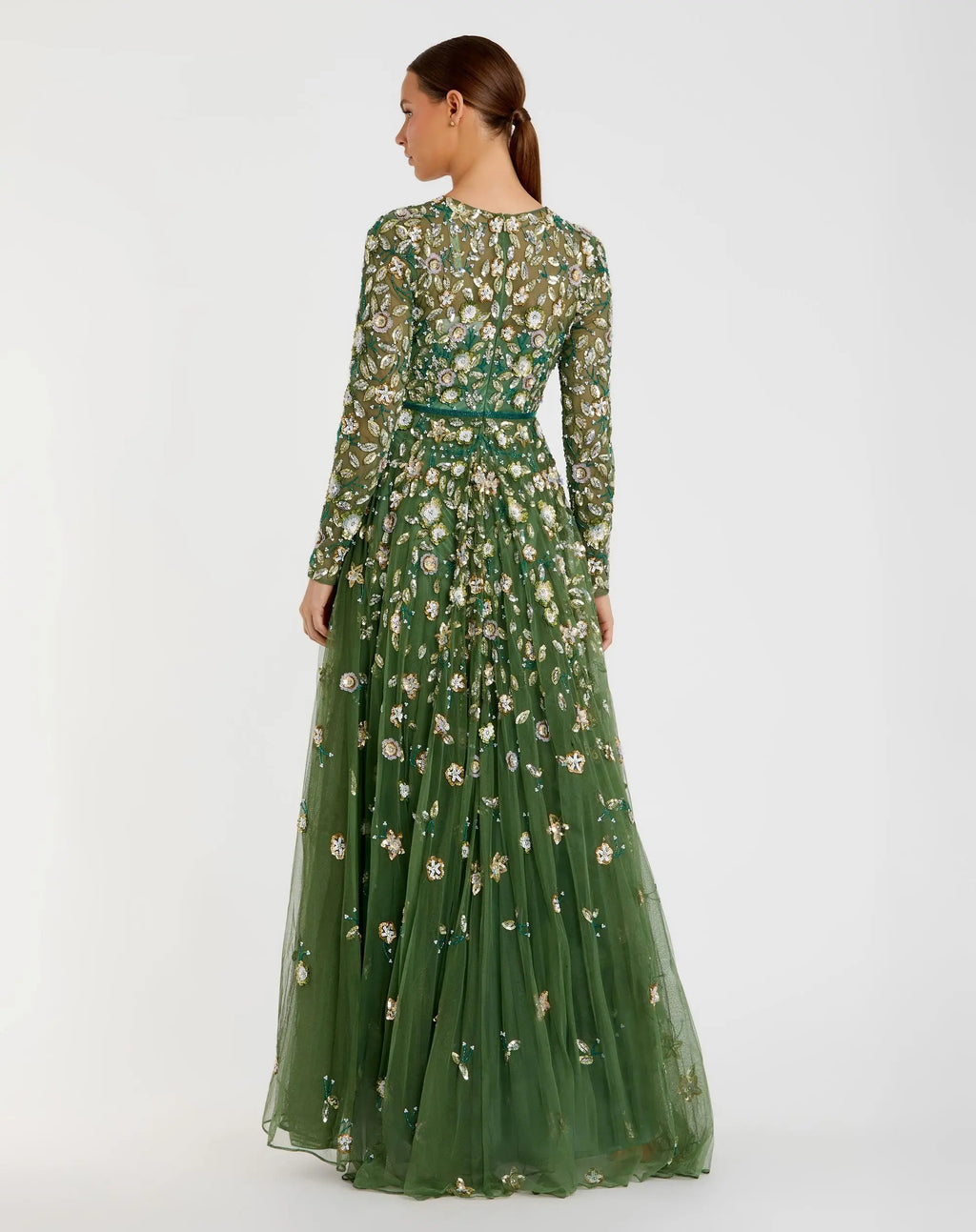 Petite Green Embellished High Neck Long Sleeve A Line Gown