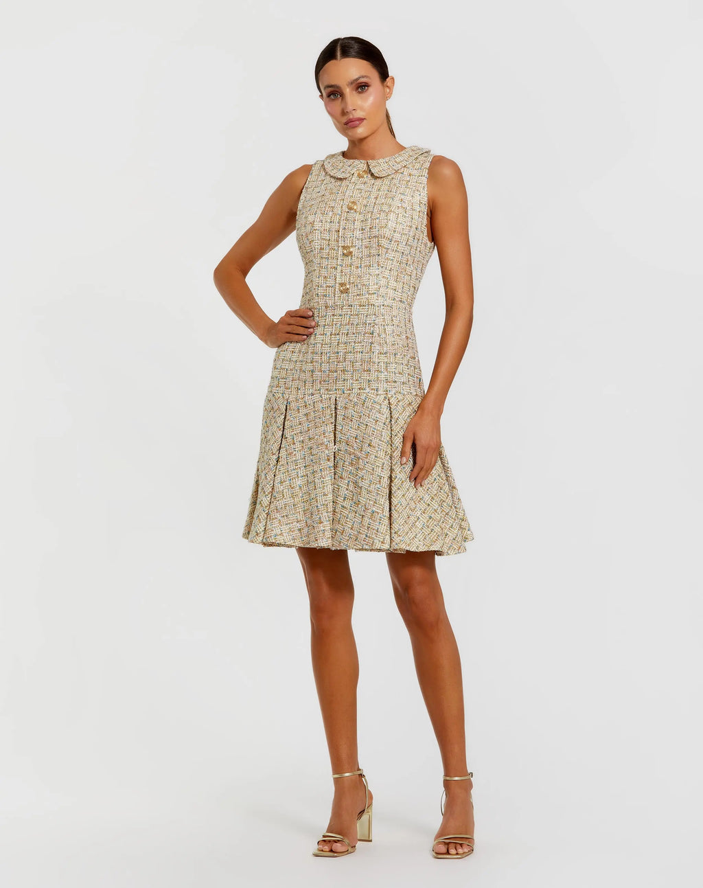 Gold Sleeveless Boucle Mini Dress with Pleats