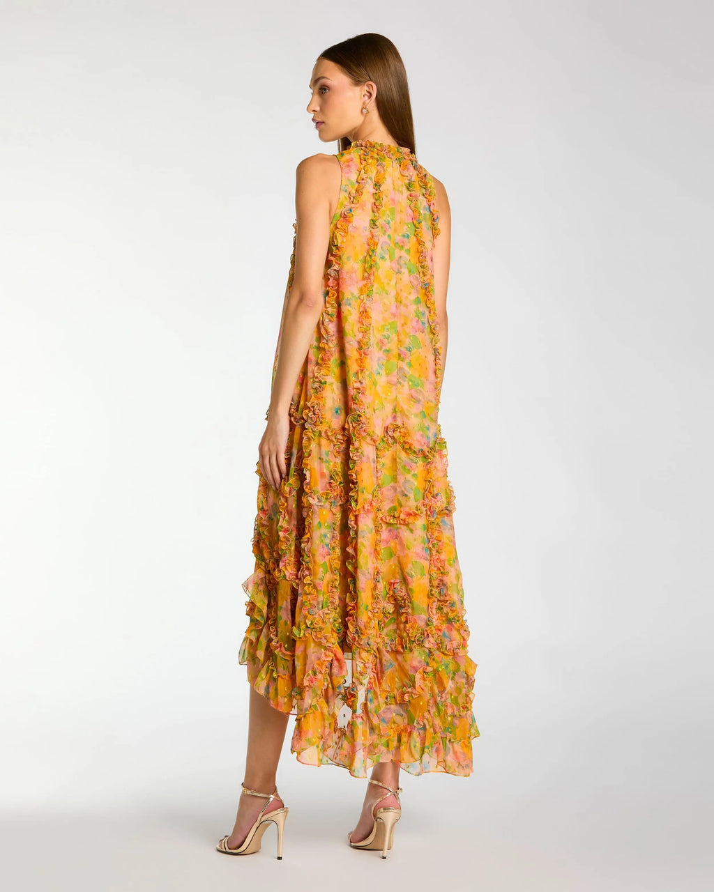 Yellow Sleeveless Floral Micro Ruffle Trapeze Midi Dress
