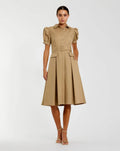 Beige Puff Sleeve Belted Midi Shirt Dress
