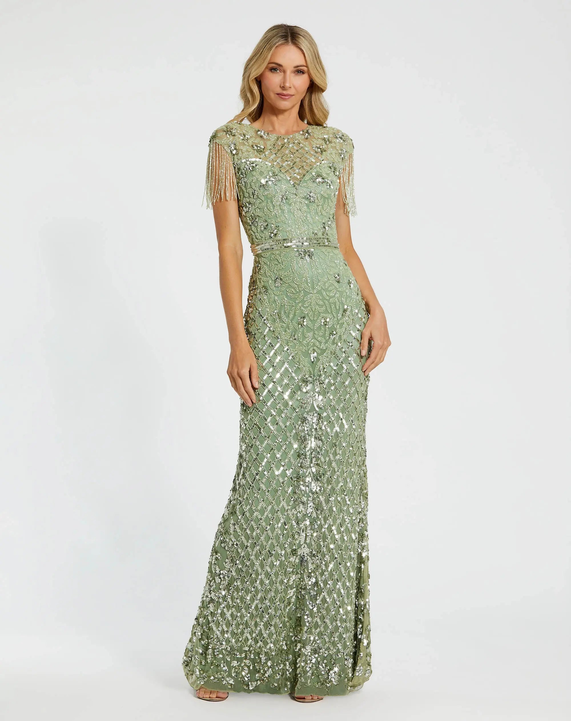 Petite Green High Neck Beaded Fringe Fitted Gown