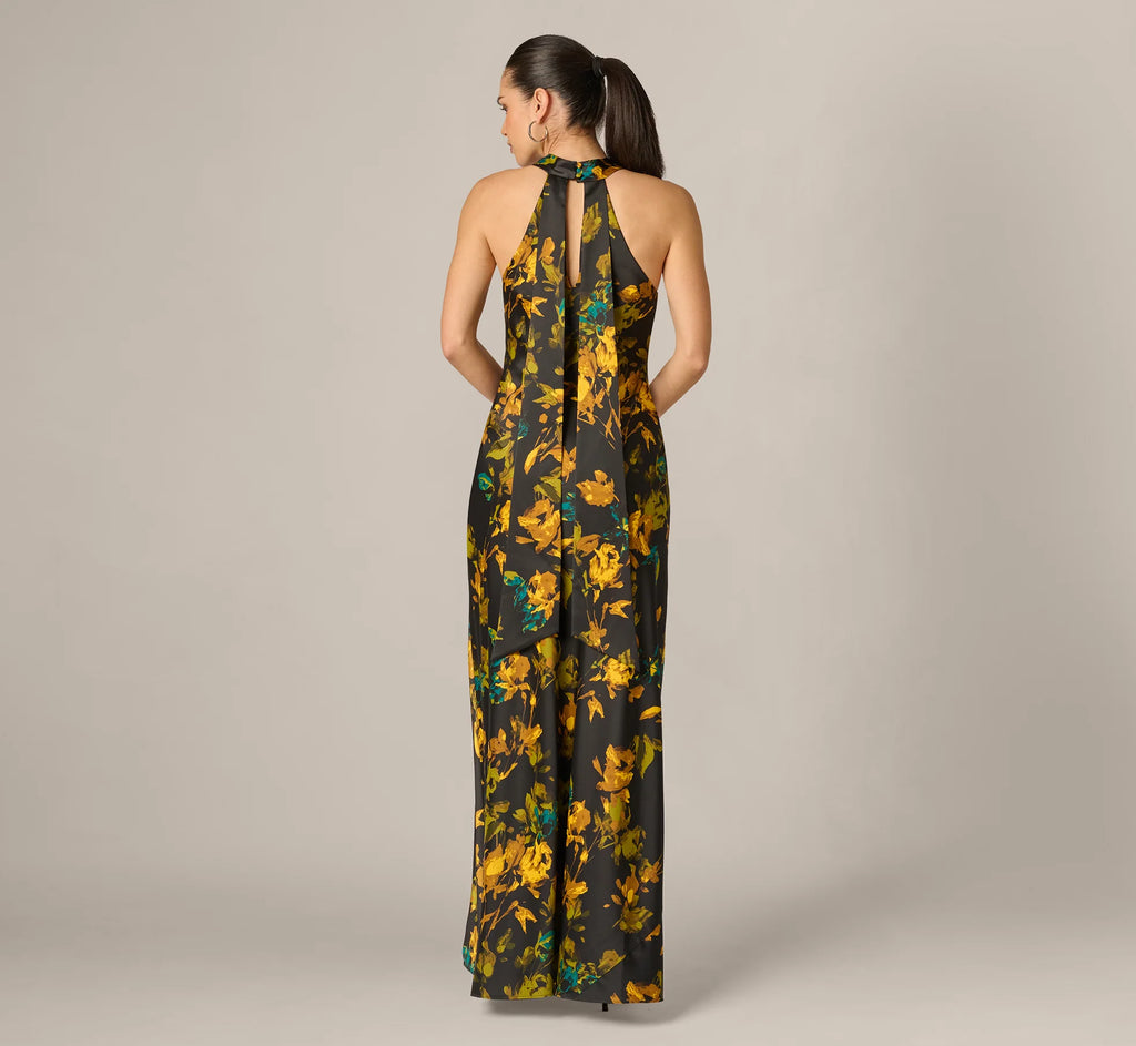 Floral Stretch Satin Scarf Halter Gown In Black Multi