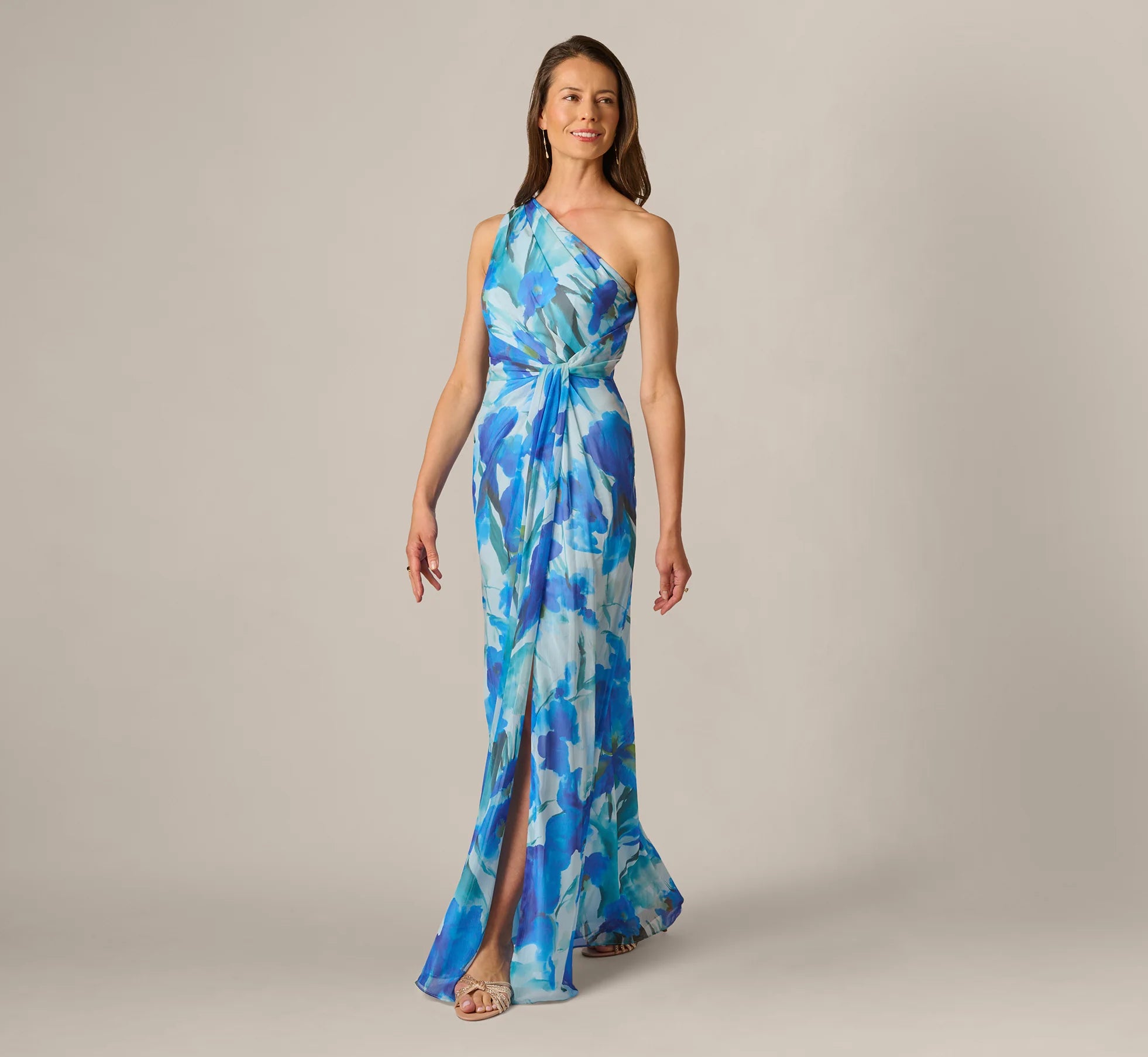 One Shoulder Floral Chiffon Draped Gown In Blue Multi