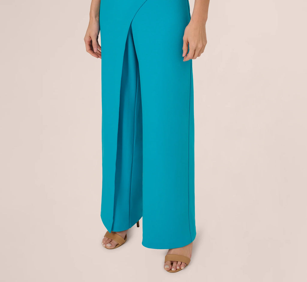 Short Sleeve Asymmetrical Wide Leg Crepe Jumpsuit In Bel Air Blue