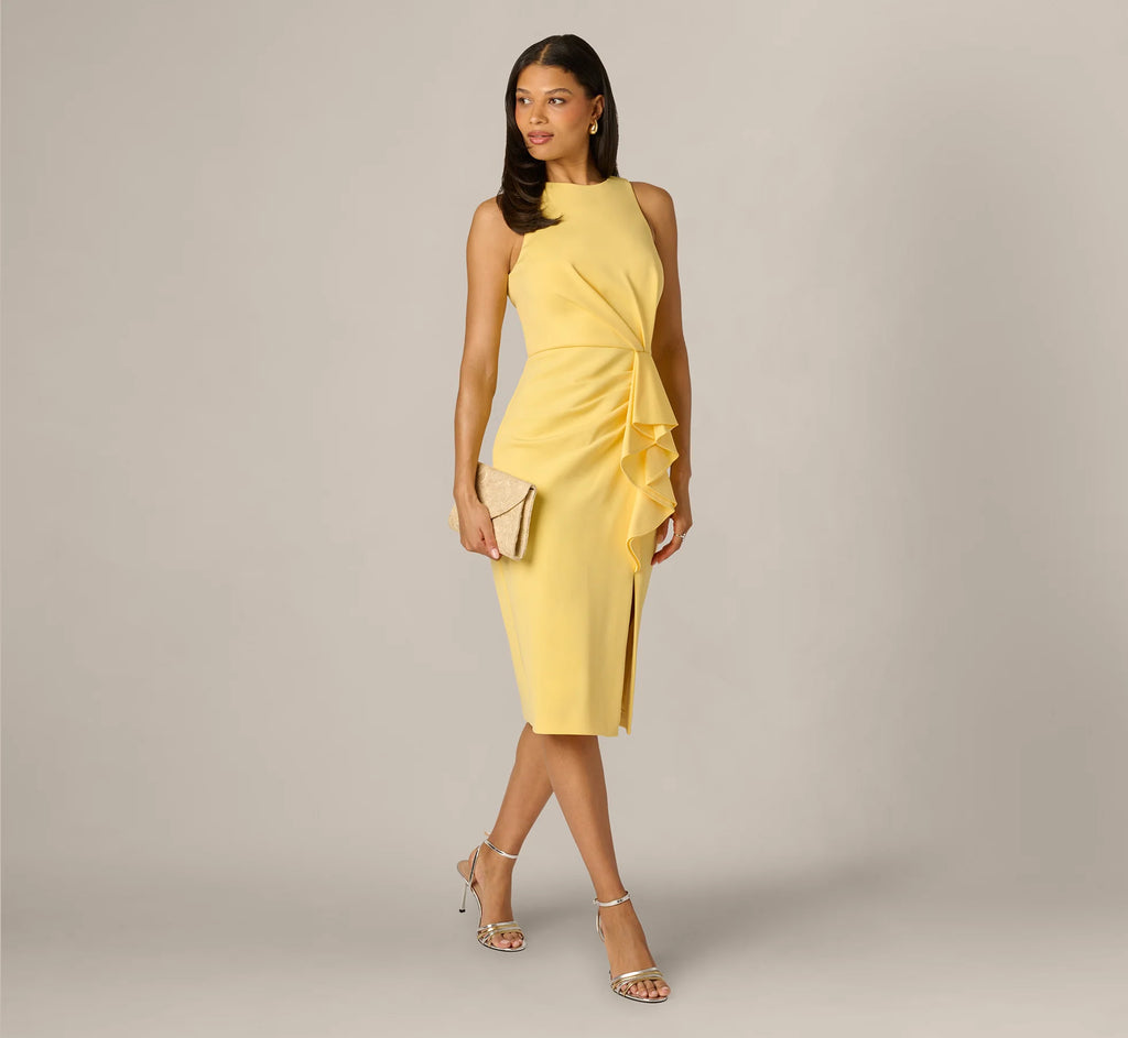 Sleeveless Draped Stretch Sheath Dress In Warm Sun