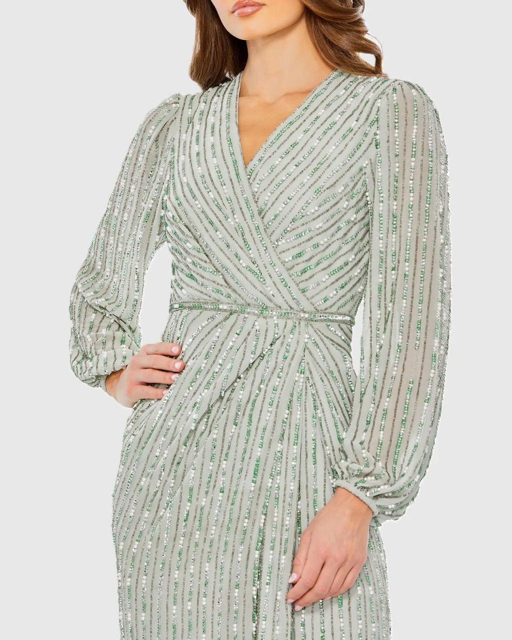 Green Beaded Bishop Sleeve Wrap Gown