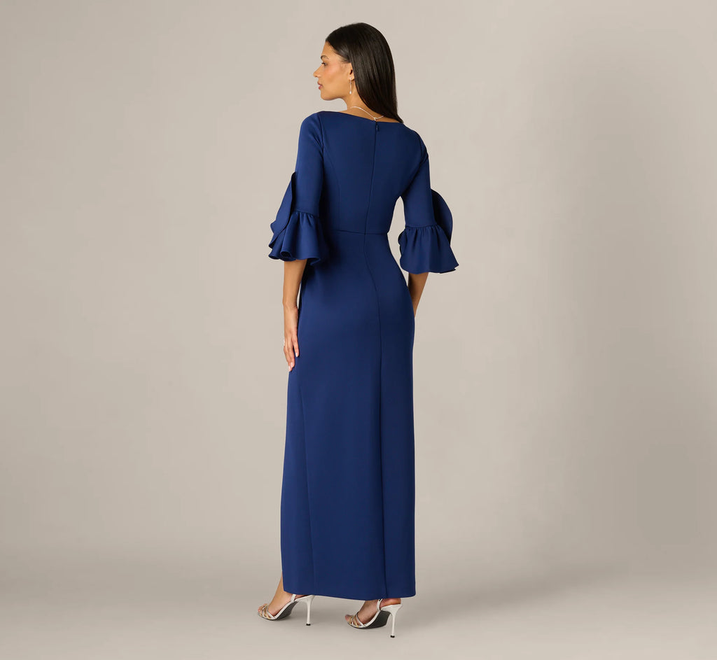 Sculpted Bell Sleeve Column Gown In Navy Sateen