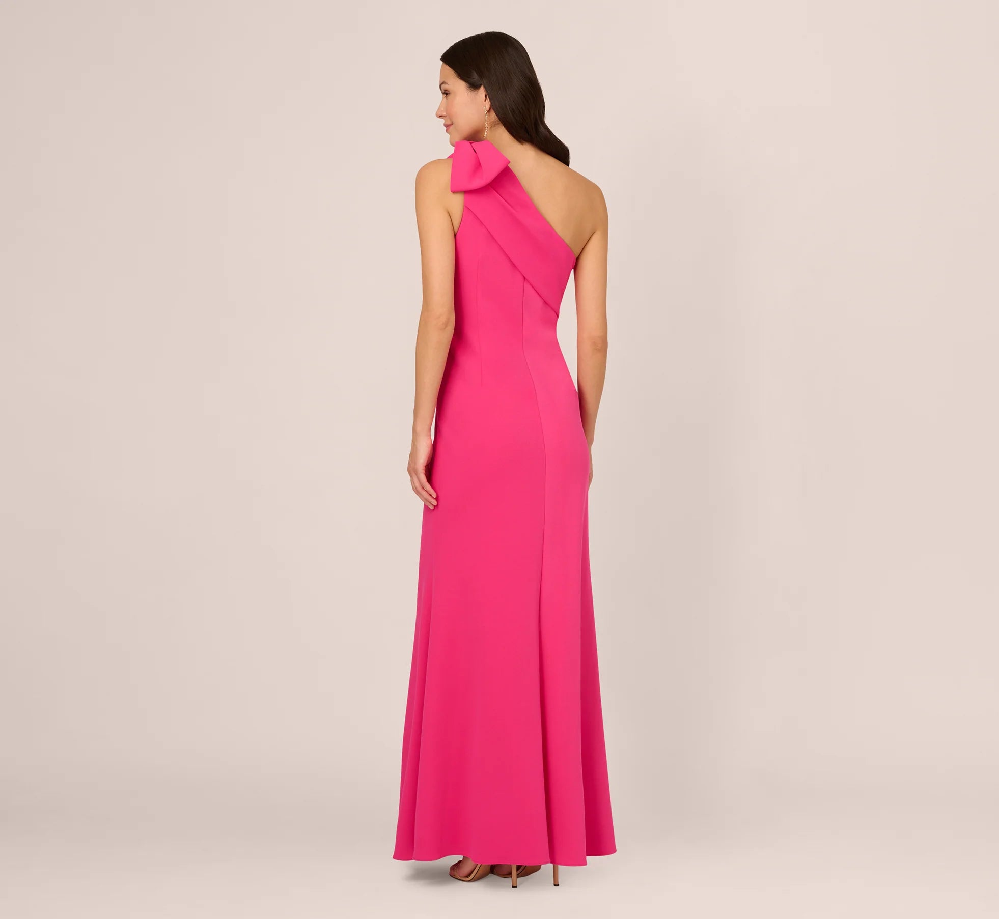 Stretch Crepe One Shoulder Mermaid Gown With Bow Accent In Hot Pink