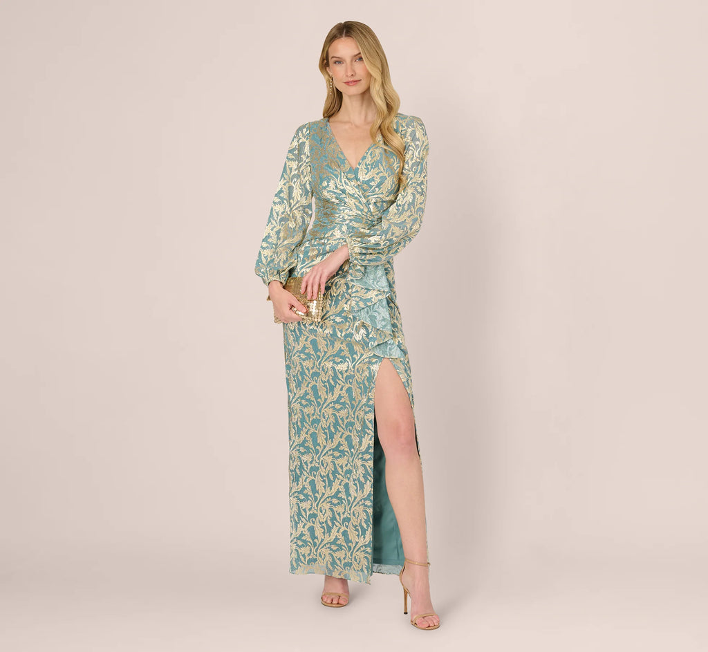 Long Sleeve Metallic Crinkle Drape Gown In Mint Gold