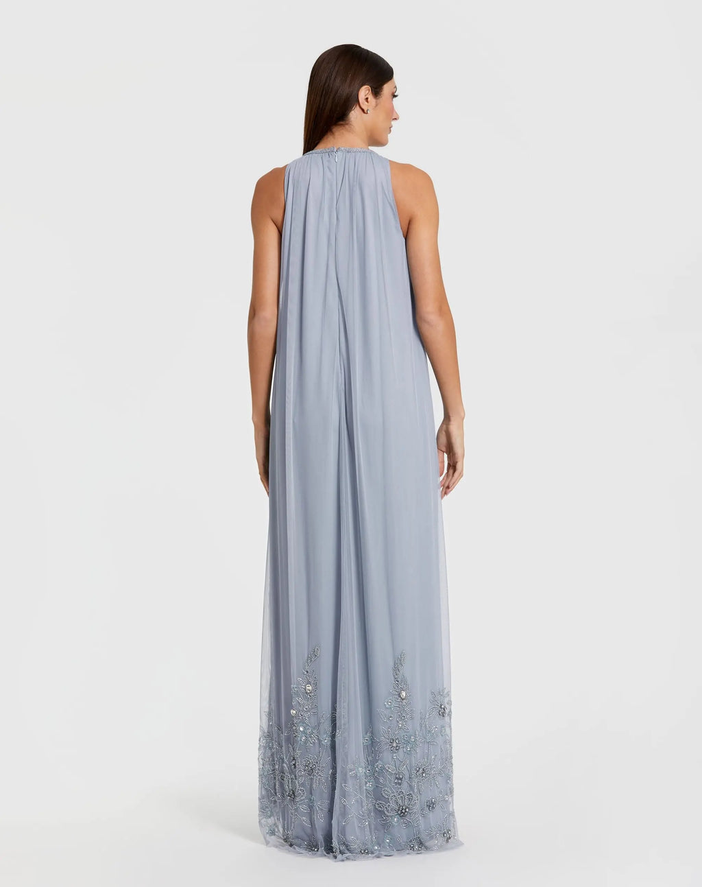 Blue High Neck Floral Embellished Trapeze Gown