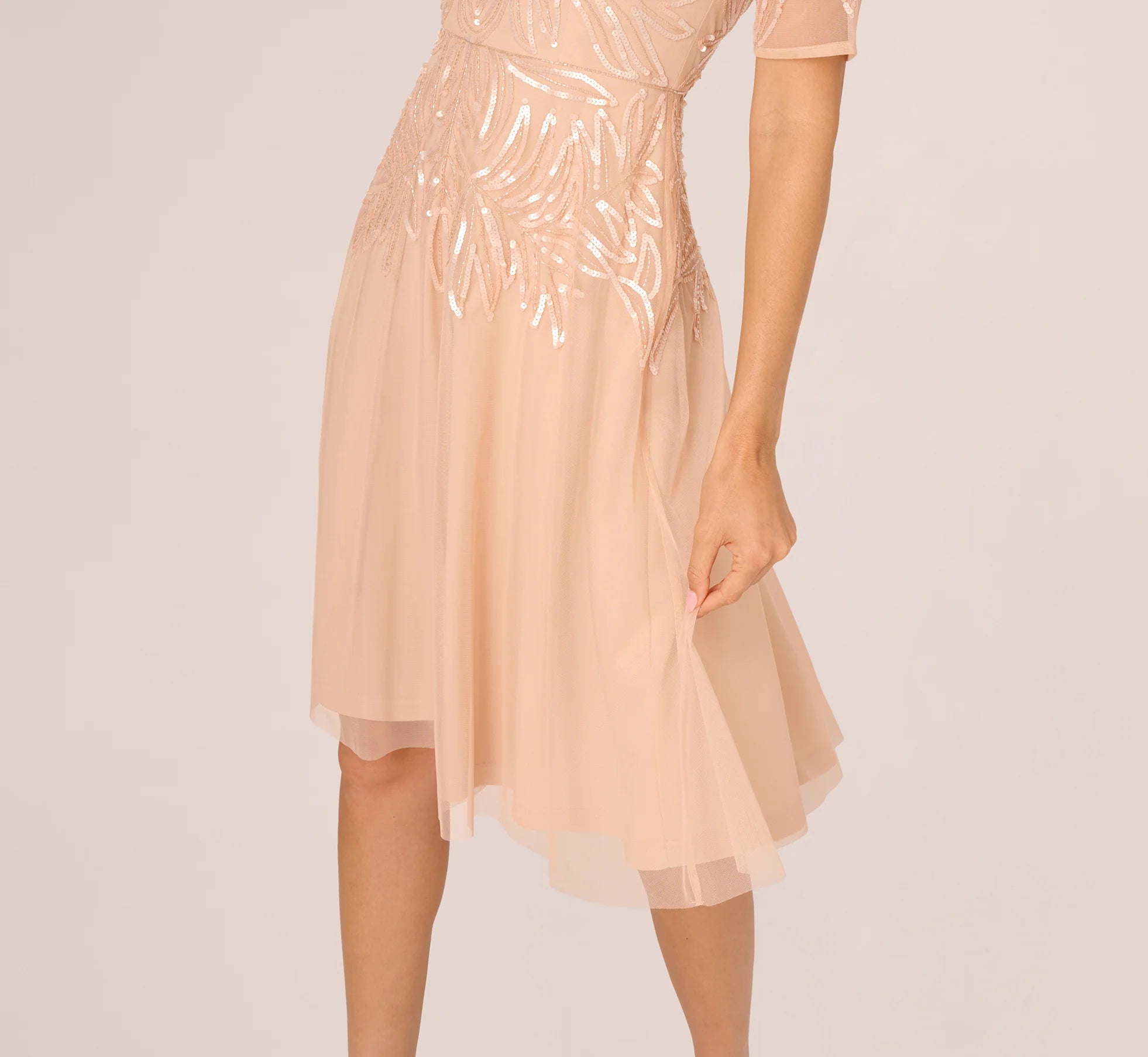 Short Sleeve Sequin Bead Midi Dress In Blush