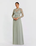 Green Embellished Illusion High Neck Long Sleeve Gown