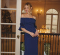 Off Shoulder Bell Sleeve Rosette Gown In Navy Sateen