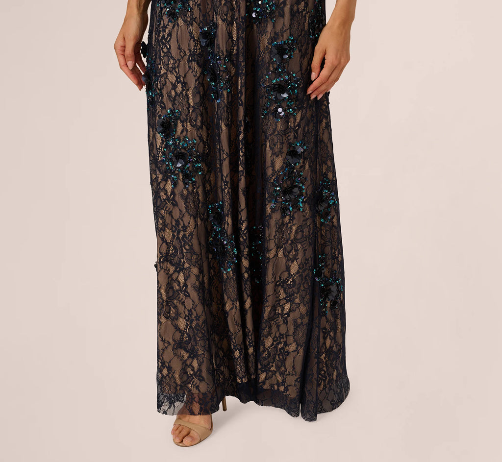 Sleeveless Sequin Floral Lace Gown In Midnight Multi Nude