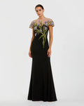 High Neck Floral Embroidered Jersey Gown