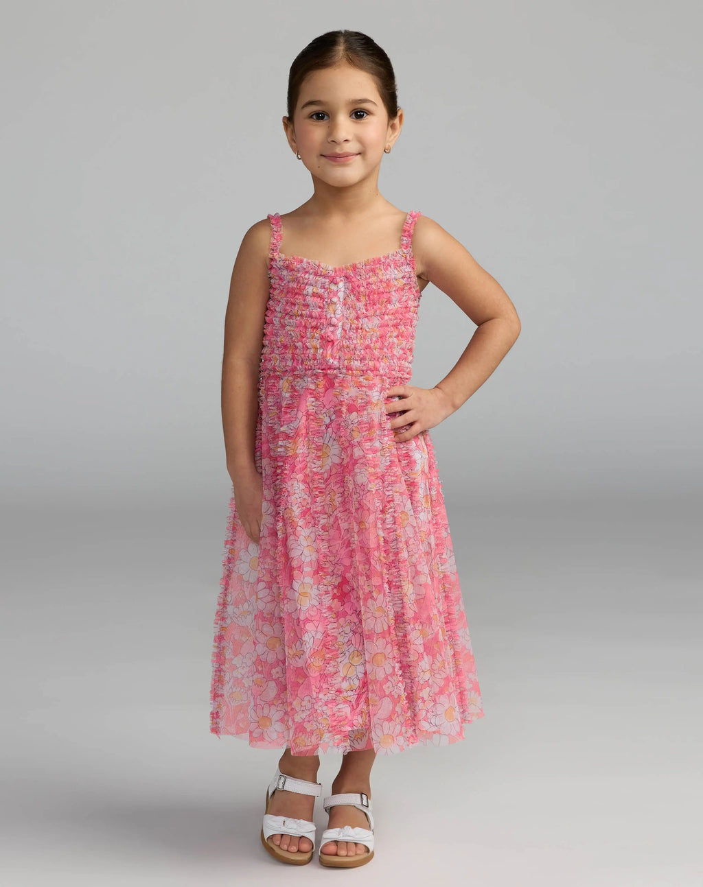 Girls Pink Floral Print Ruffle Mini Dress