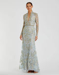 Beaded Queen Anne Lace Long Sleeve V-neck Trumpet Gown