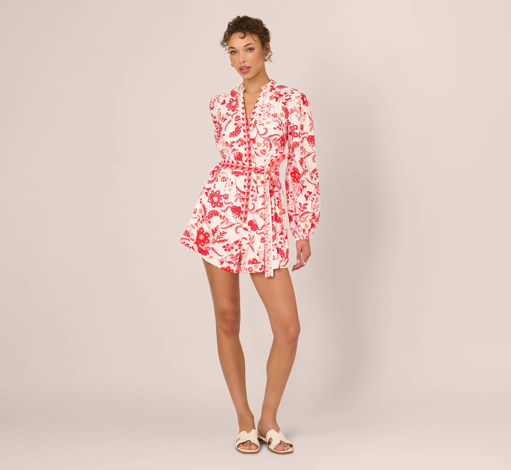 Long Sleeve Tie Front Floral Romper In White Coral Multi