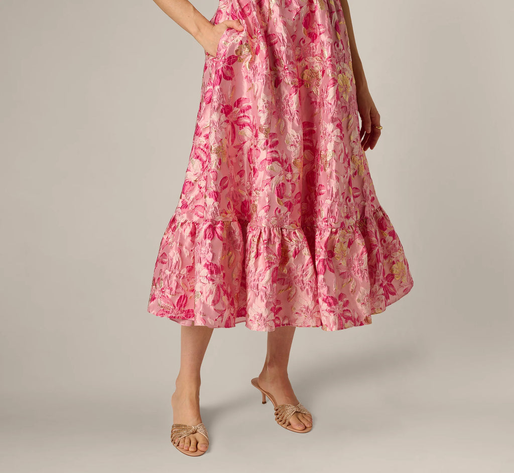 Metallic Floral Jacquard Ruffle Midi Dress In Pink Multi