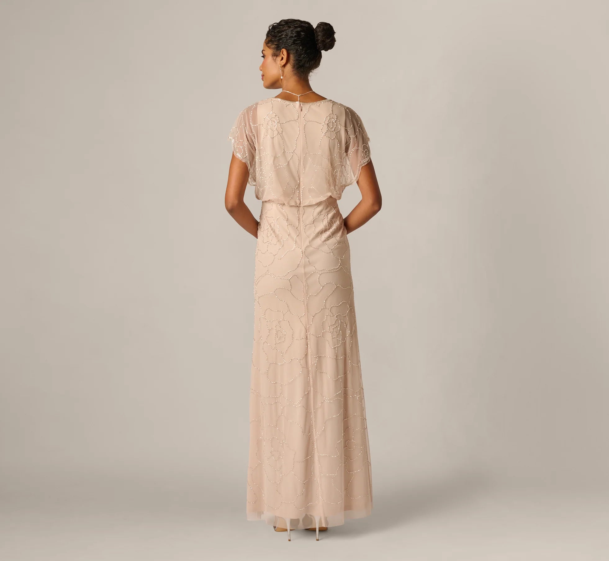 Short Sleeve Blouson Rose Floral Beaded Gown In Shell