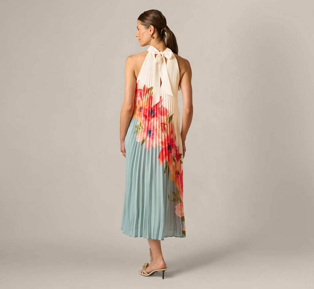 Pleated Chiffon Floral Color Block Midi Trapeze Dress In Blue Multi