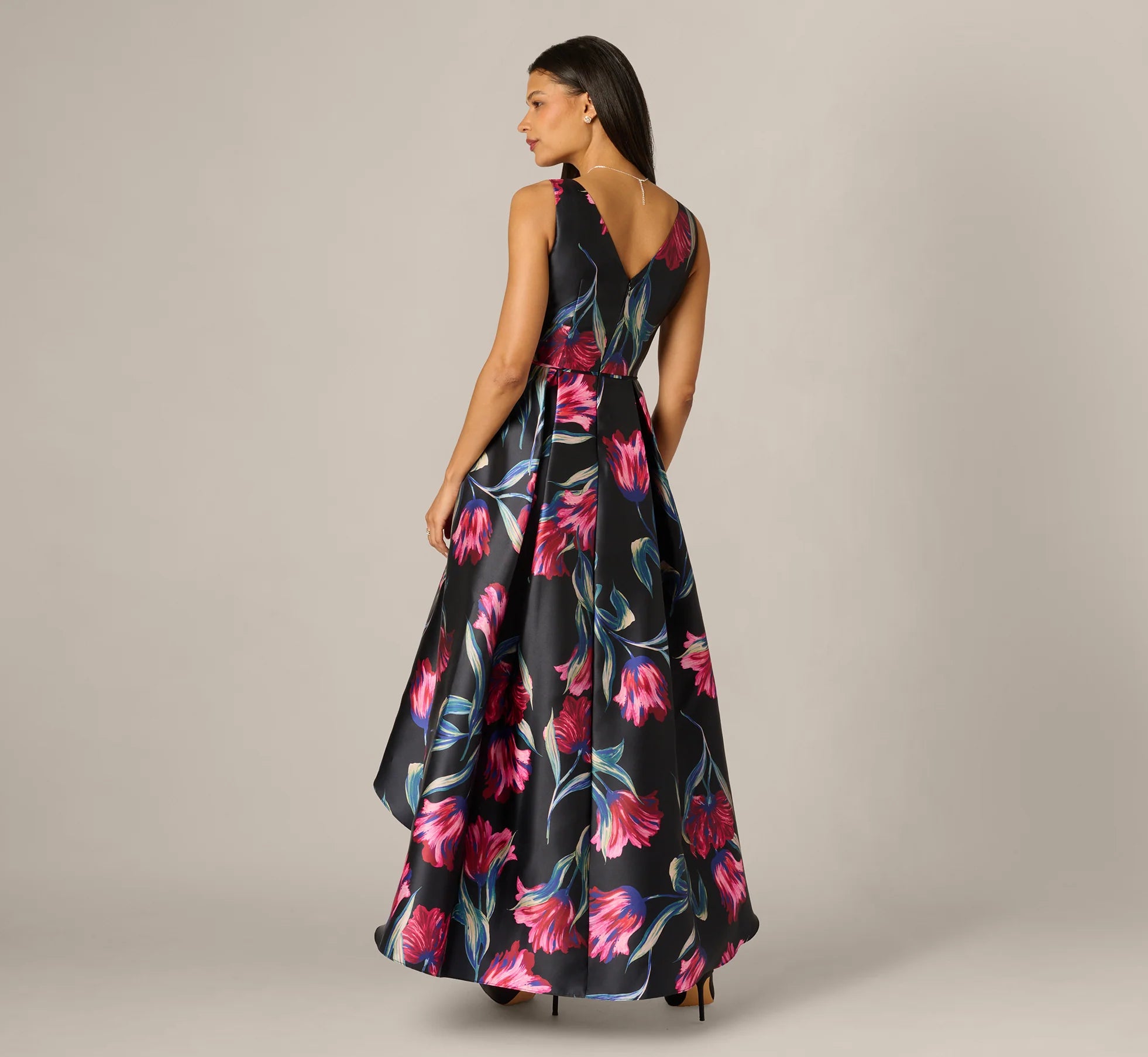 Floral Print Mikado High Low Gown In Black Multi