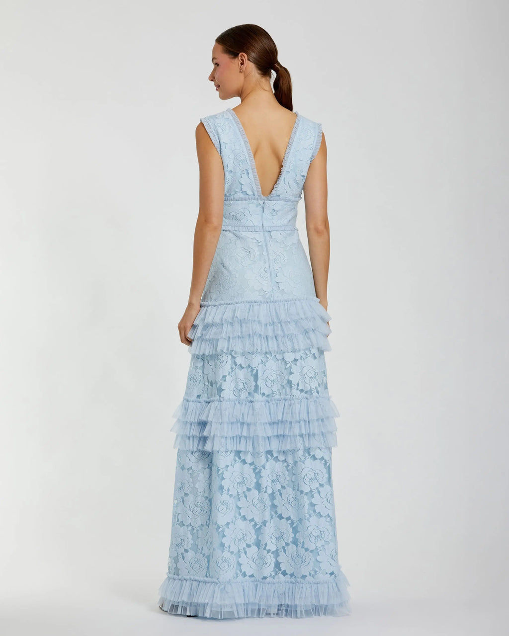 Blue V Neck Lace Tiered Ruffle Gown