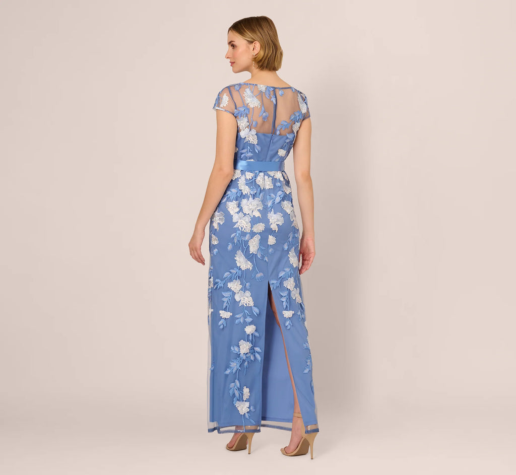 Short Sleeve Floral Embroidered Gown With Ribbon Tie Waist In French Blue Multi