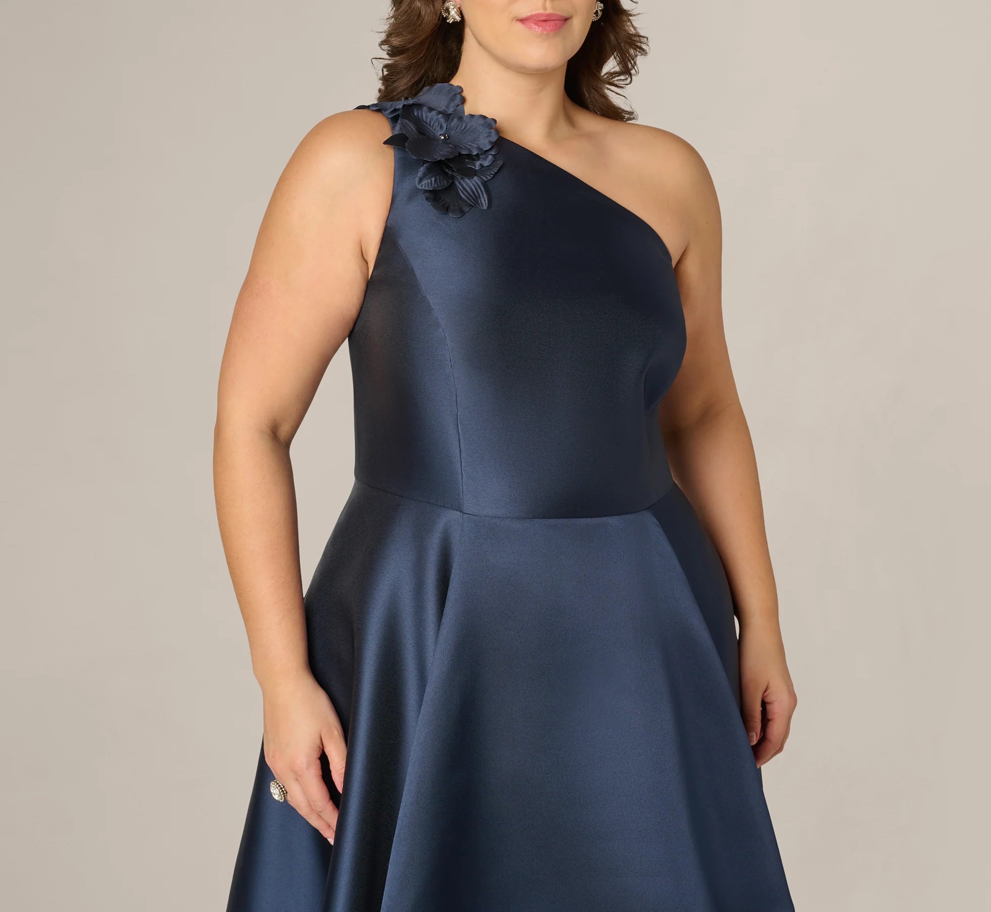 Plus Size One Shoulder Draped Mikado High Low Gown In Midnight