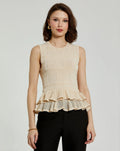 Beige Sleeveless High Neck Knit Top With Ruffle Hem