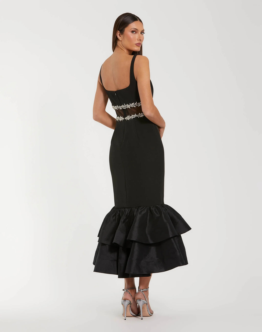 Crepe Ruffle Hem Midi Dress With Jewel Detail
