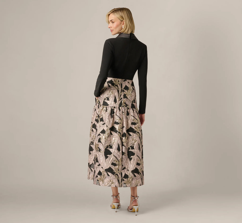 Long Sleeve Combo Tuxedo Ankle Length Gown In Black Blush