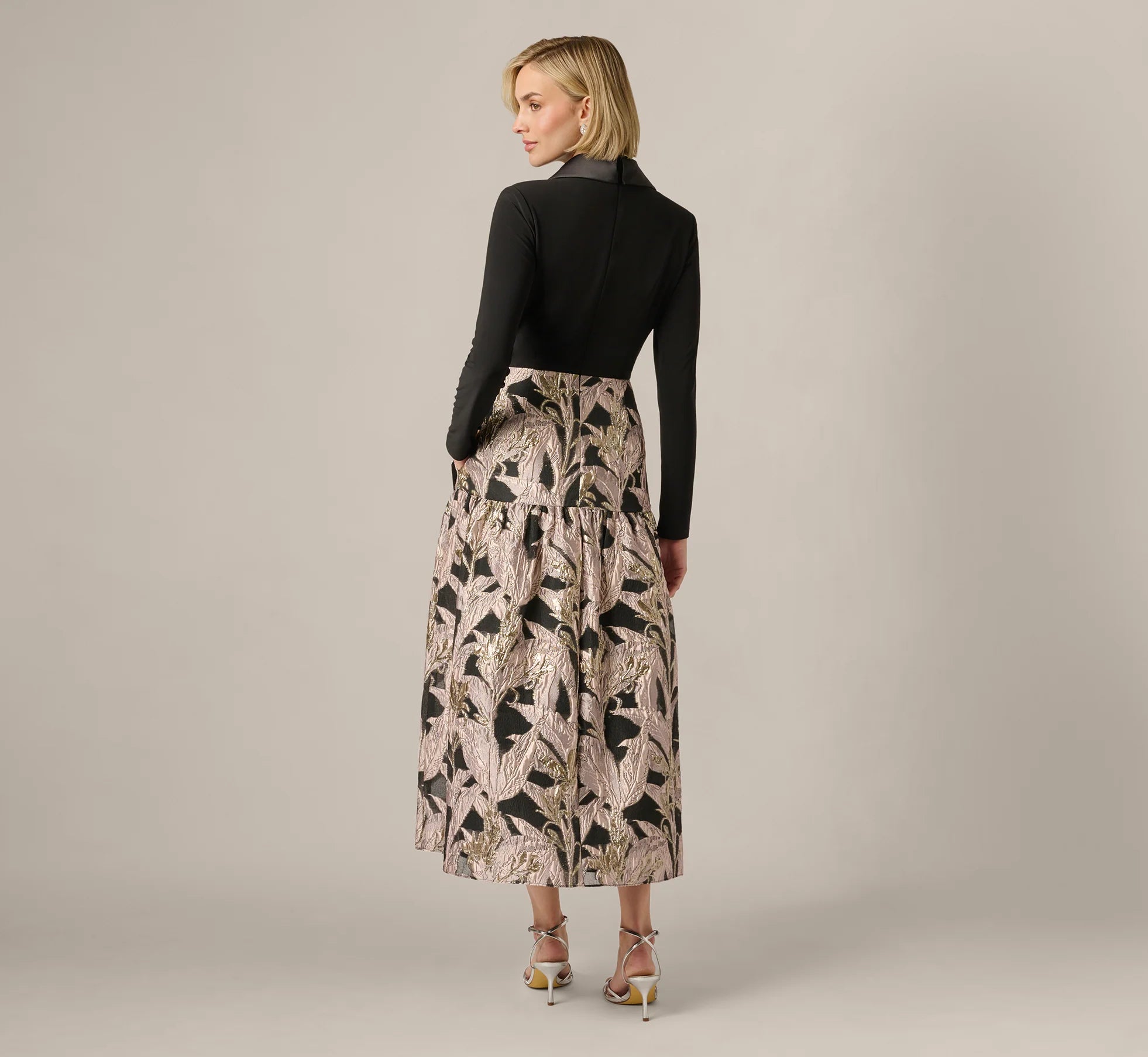 Long Sleeve Combo Tuxedo Ankle Length Gown In Black Blush