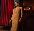 Sleeveless V Neck 3D Floral Beaded Gown In Golden Ray