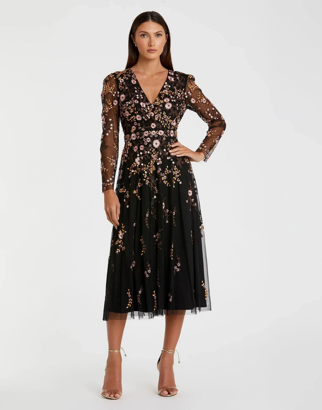 Multicolor Floral Embroidered A-Line Cocktail Dress