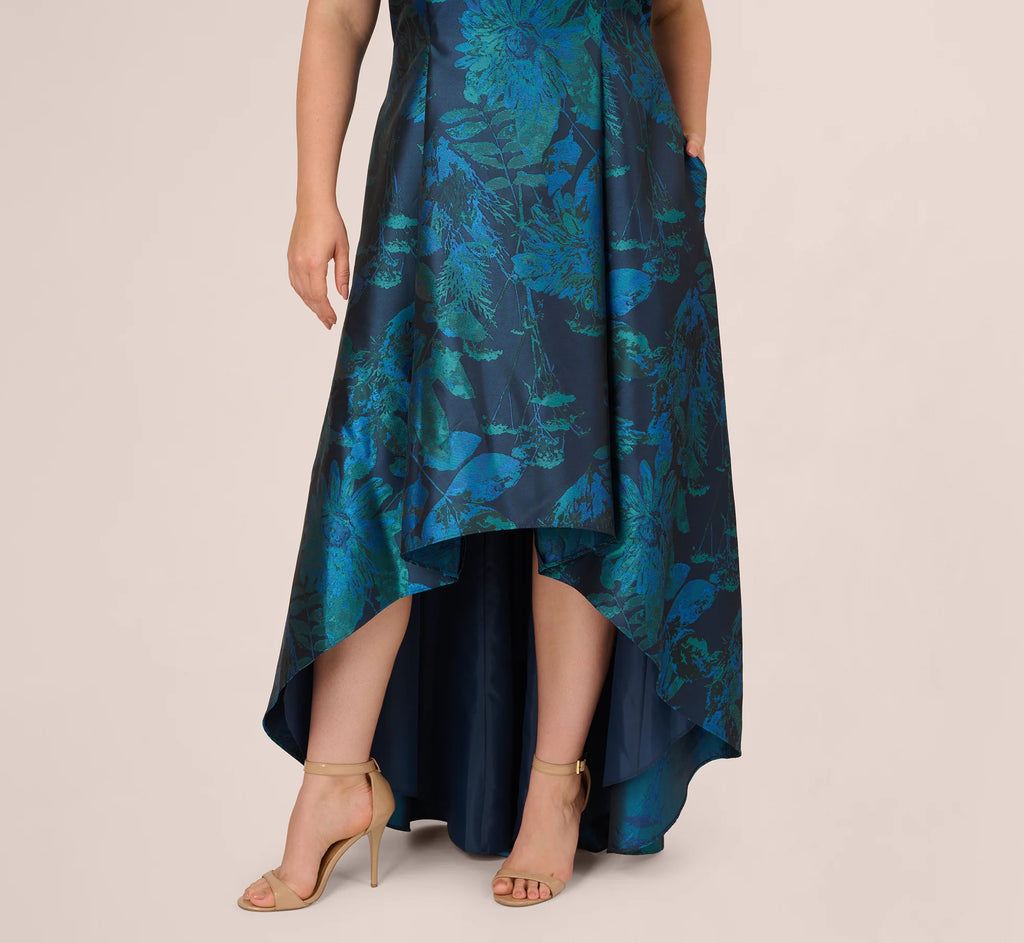 Plus Size Ruffle Floral Jacquard High Low Gown In Cobalt Multi