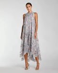 Gray Floral Ruffle High Neck Midi Dress