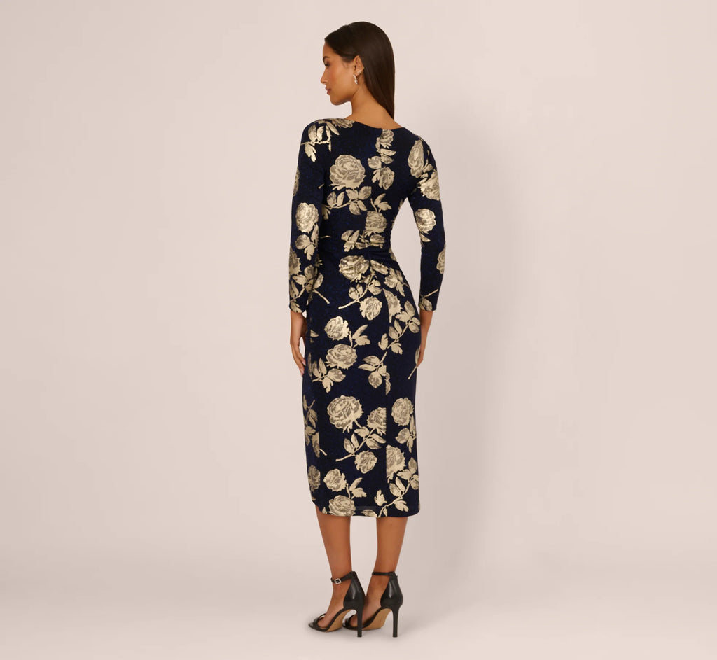 Long Sleeve Stretch Metallic Rose Floral Midi Dress In Navy Gold