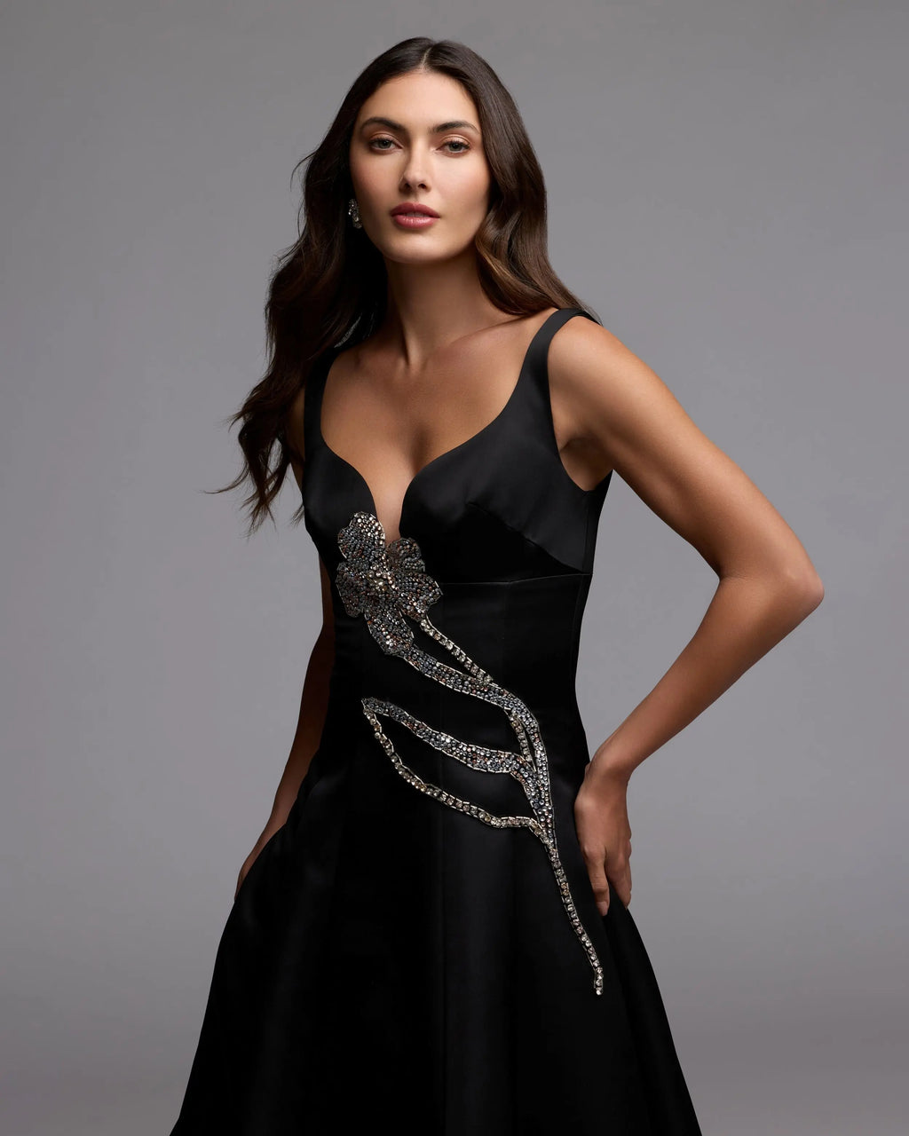 Black A-Line Midi Dress With Embellished Flower