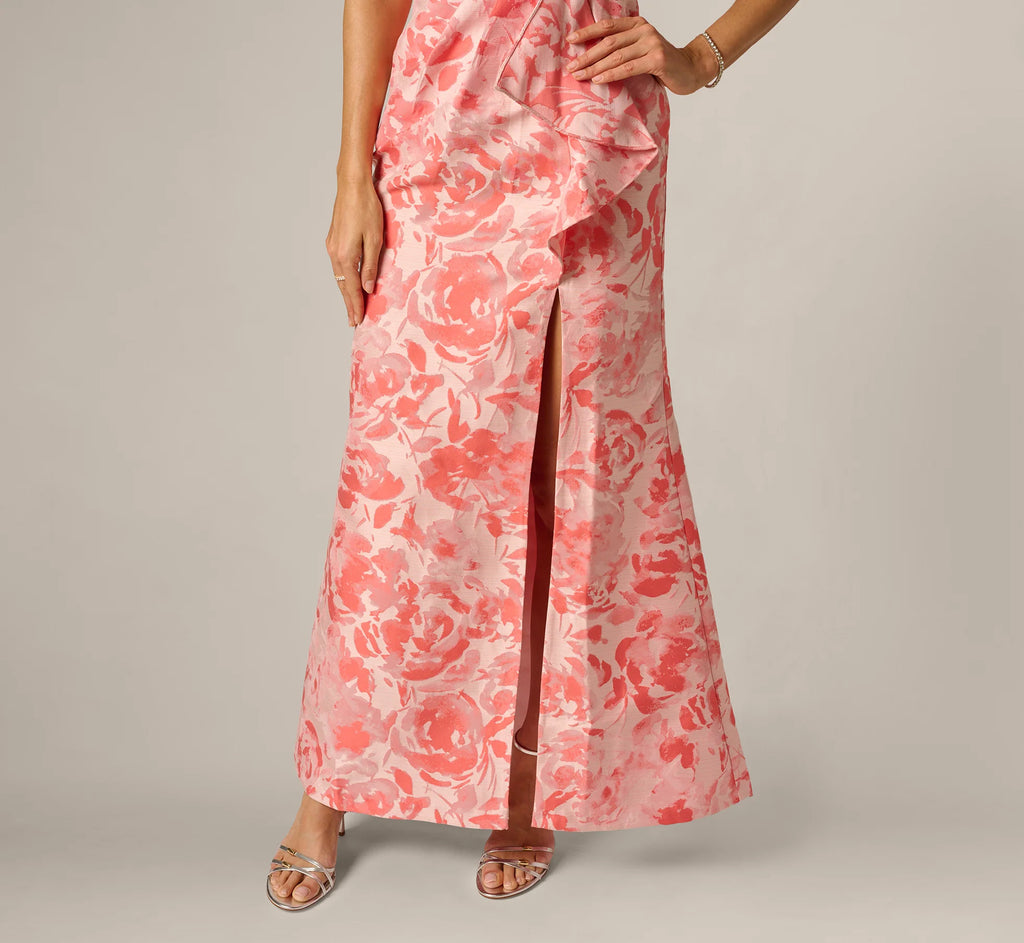 One Shoulder Floral Jacquard Draped Gown In Coral Multi