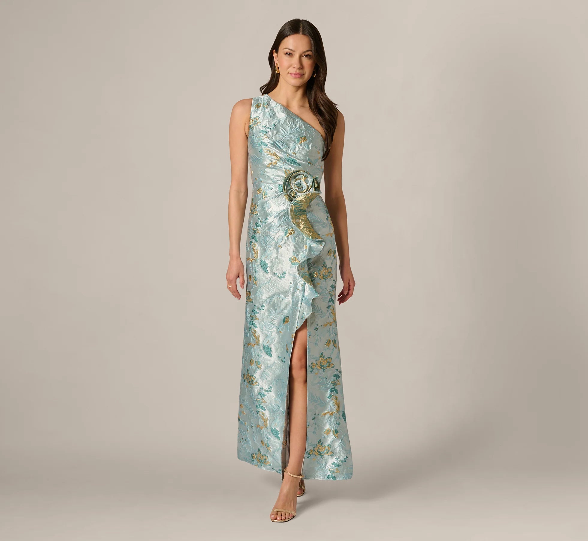 One Shoulder Floral Jacquard Rosette Gown In Blue Multi