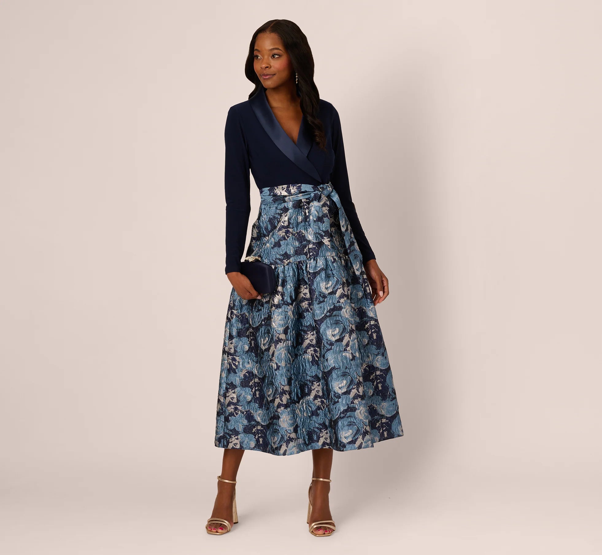 Long Sleeve Tuxedo Jacquard Combo Gown In Midnight Multi